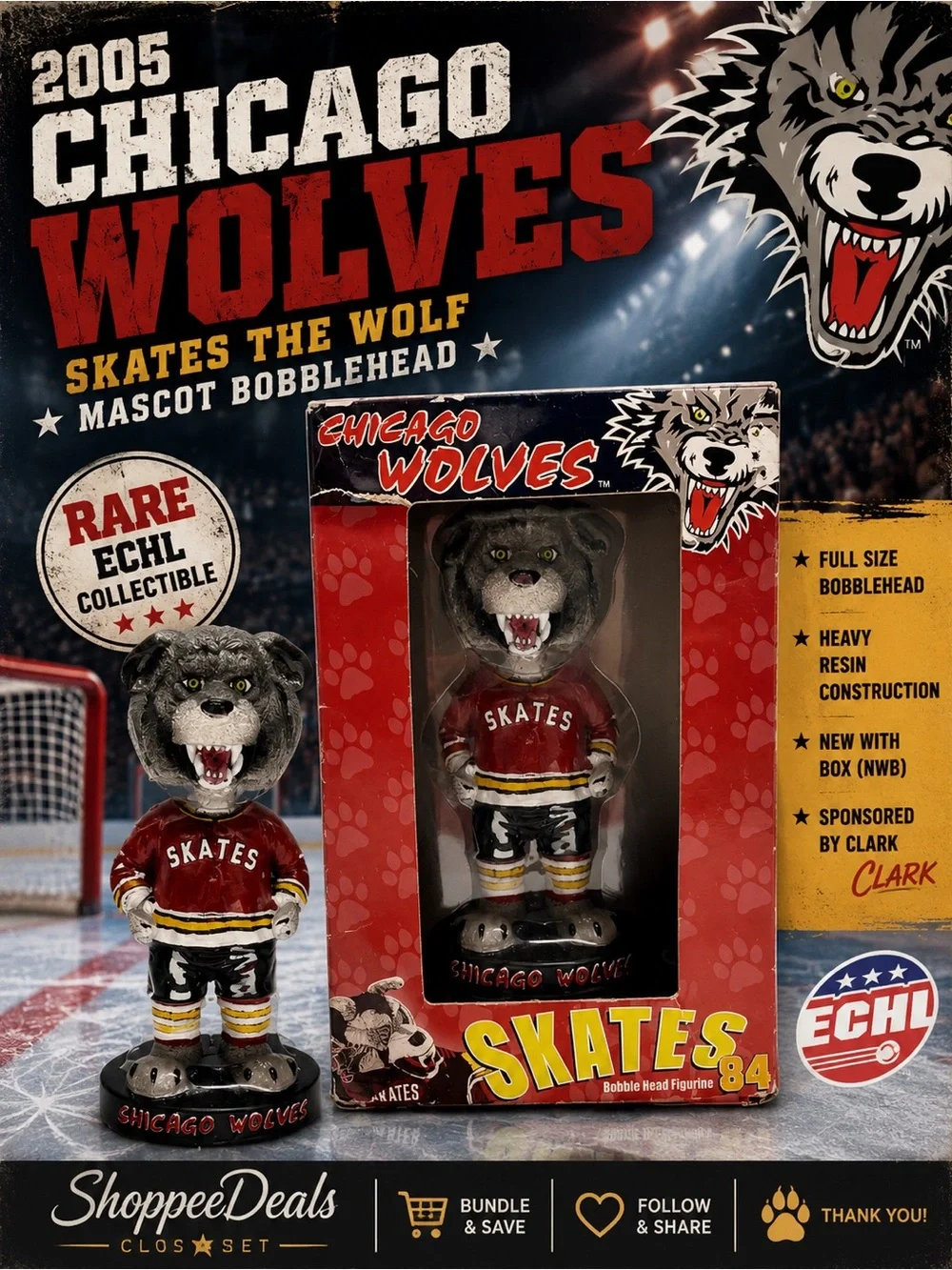 2005 Chicago Wolves Skates the Wolf Mascot Bobblehead Clark Sponsor NWB Rare